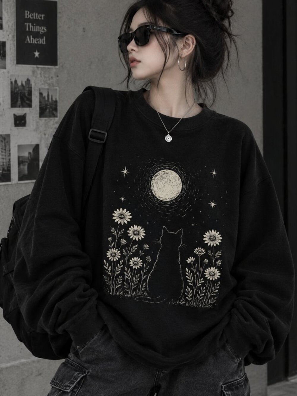 Black Cat Floral Sweater, Vintage Halloween Moon Graphic